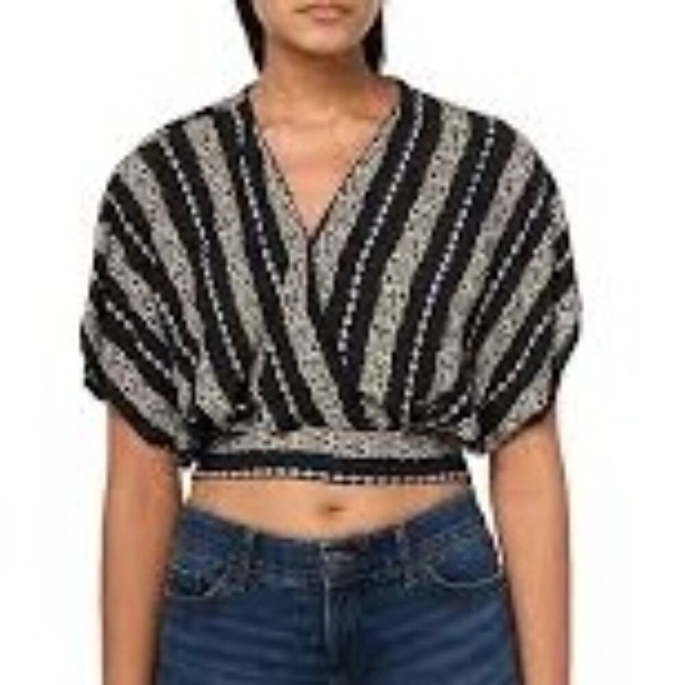 Angie Wrap Top with Flutter Sleeves Black with Gold‎ Floral Pattern - SZ S - NWT